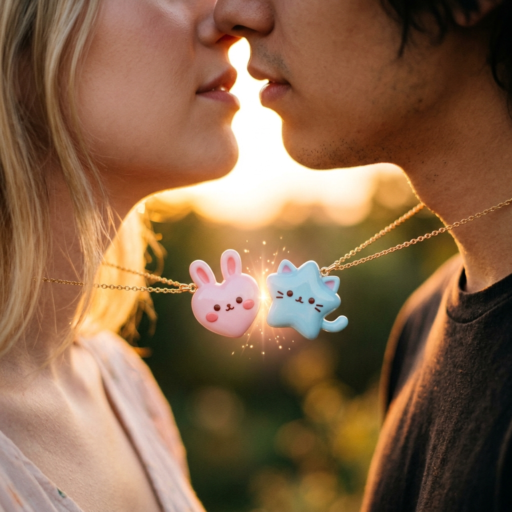 Dos colgantes Muak uniéndose magnéticamente durante un beso
